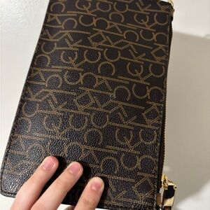 Monogram Zip Wristlet Clutch in Brown and Gold